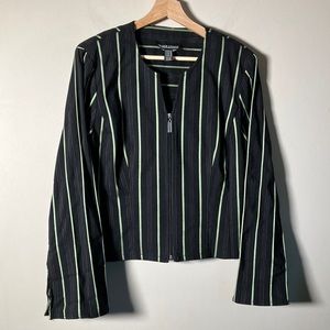 Frank Lyman blazer collarless jacket black green striped zip up retro Canadian